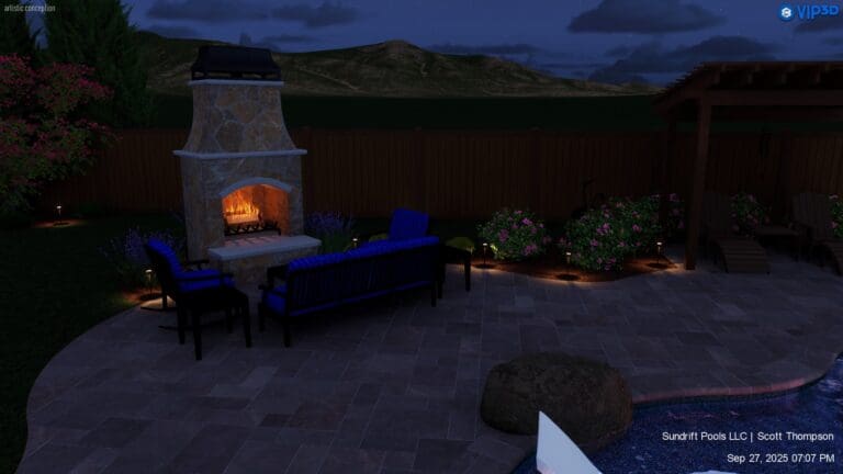 Fireplace and Pool at night